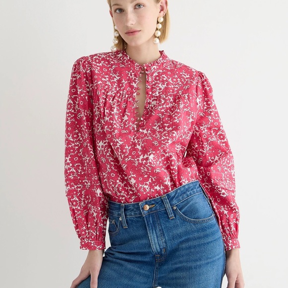 Button-front Ruffle-neck Popover In Blushing Meadow, Size L - Picture 3 of 3